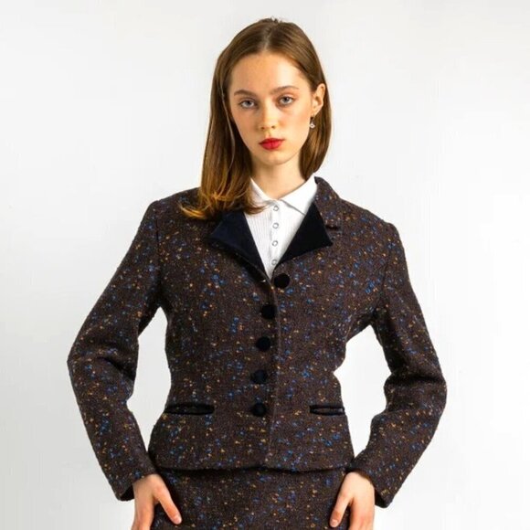 Louis Feraud Brown Blue Tweed Velvet Blazer - Picture 2 of 7